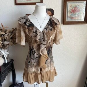Y2K‎ Sheer Ruffle Paisley Boho Peplum Pleated Blouse Top